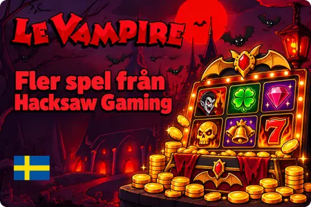 Spelautomat i Le Vampire-stil med klöver, dödskalle och ädelsten bland guldmynt