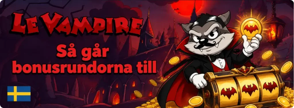 Vampyrfigur i Le Vampire håller upp ett guldmynt med fladdermus bredvid hjul med bonussymboler