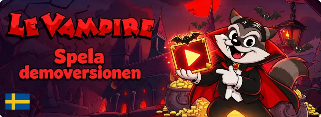 Vampyrfigur från Le Vampire pekar på en röd play-knapp framför en gotisk herrgård