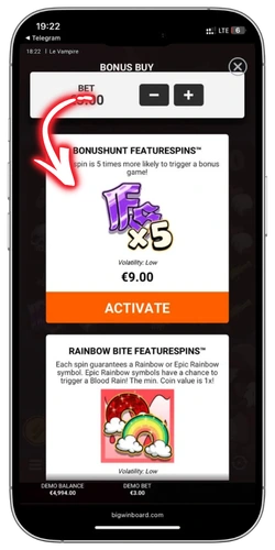 Le Vampire slot Bonus Buy menu with Coffin Break and Rainbow Epic Drop options