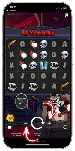 Le Vampire slot launch screen with bet controls and stake settings