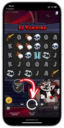 Le Vampire slot spin button and cascade symbols refilling the grid
