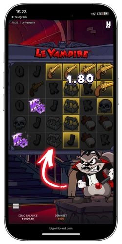 Le Vampire slot win conditions showing Rainbow activation and coin collection payout